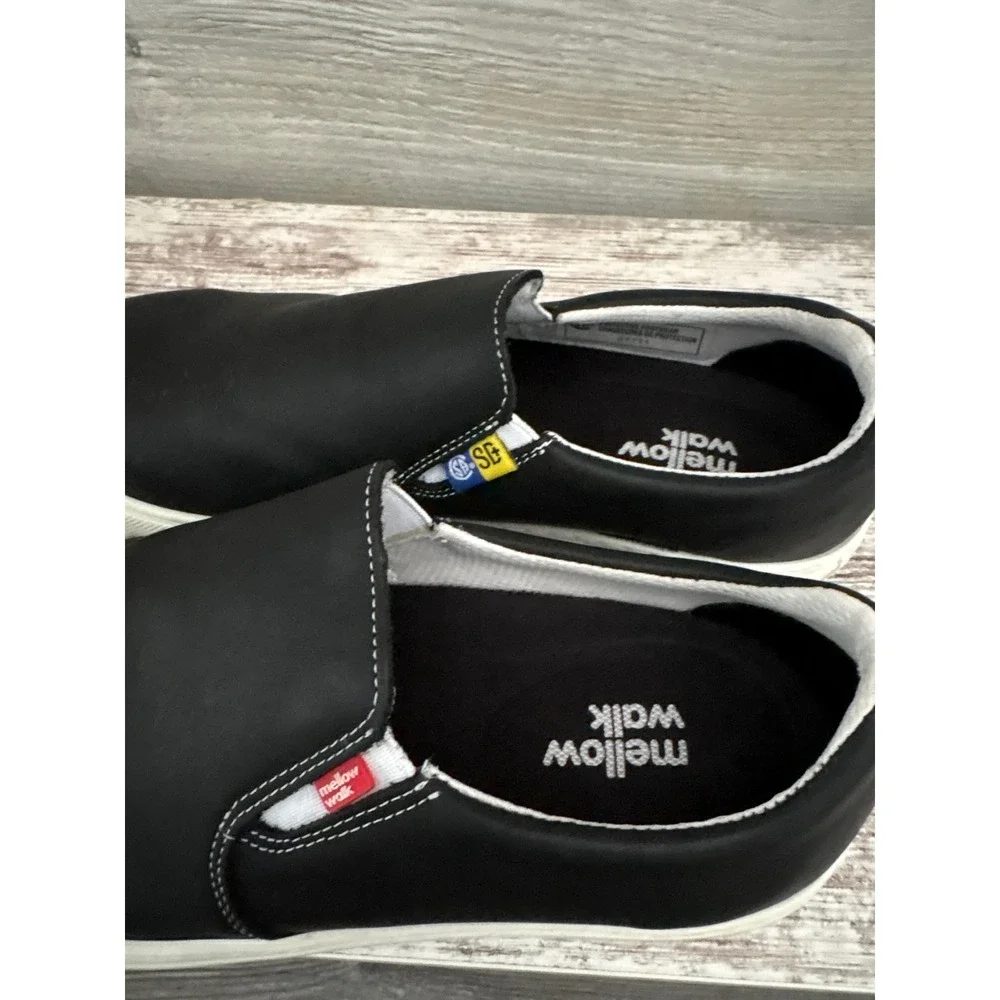 Mellow Walk Mens Black Leather Slip On Shoes Loafers Contrast Stitching Size 10